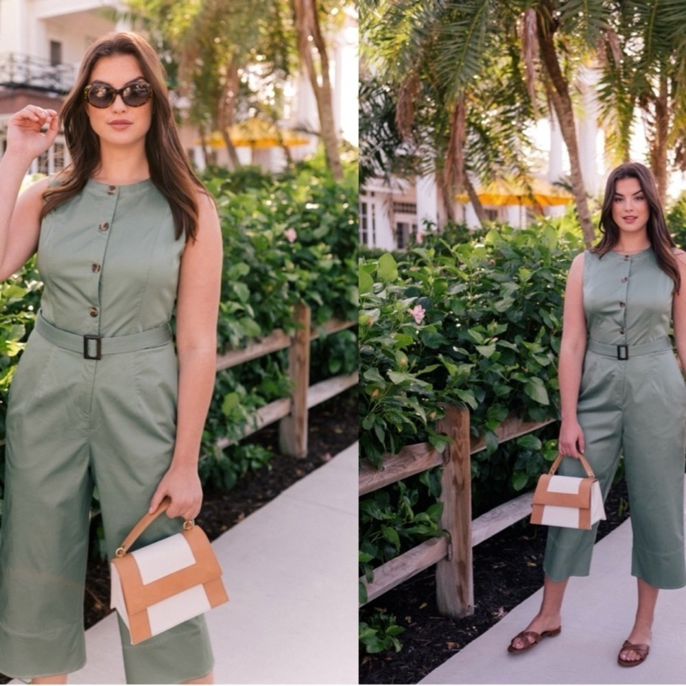 Gal Meets Glam Leonie Wide Leg Jumpsuit Green Sleeveless Tie Waist sz 10